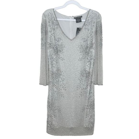 New PISARRO NIGHTS Beaded V-neck Cocktail Dress Silver Size 16 - Picture 2 of 12